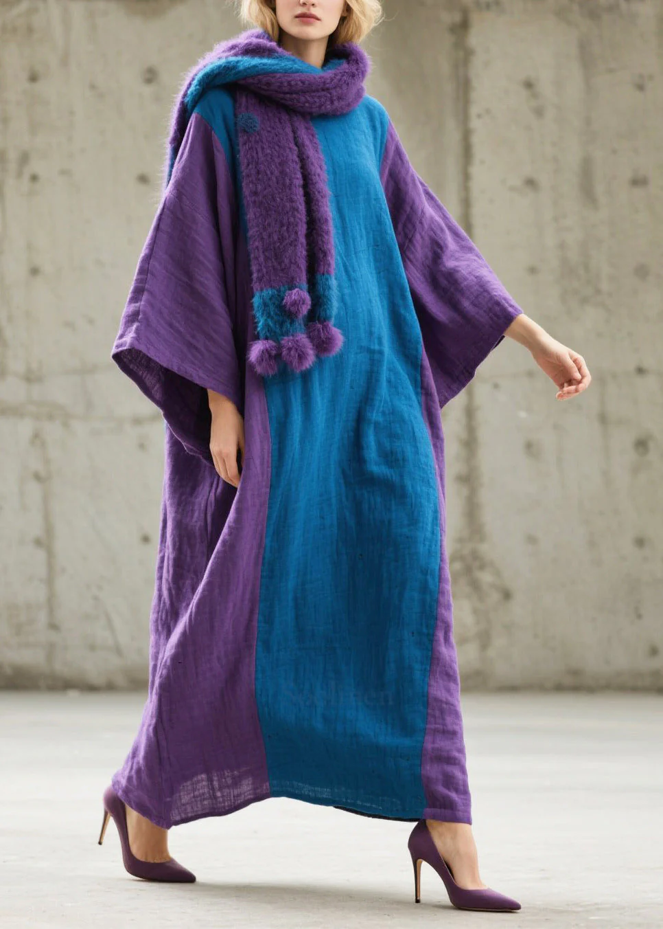 Handmade Colorblock Oversized Patchwork Cotton Maxi Dresses Fall - Image 3