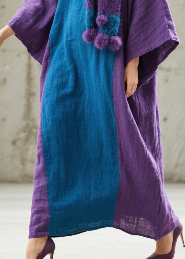 Handmade Colorblock Oversized Patchwork Cotton Maxi Dresses Fall - Image 4