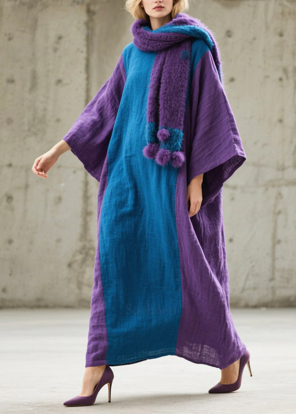 Handmade Colorblock Oversized Patchwork Cotton Maxi Dresses Fall - Image 5