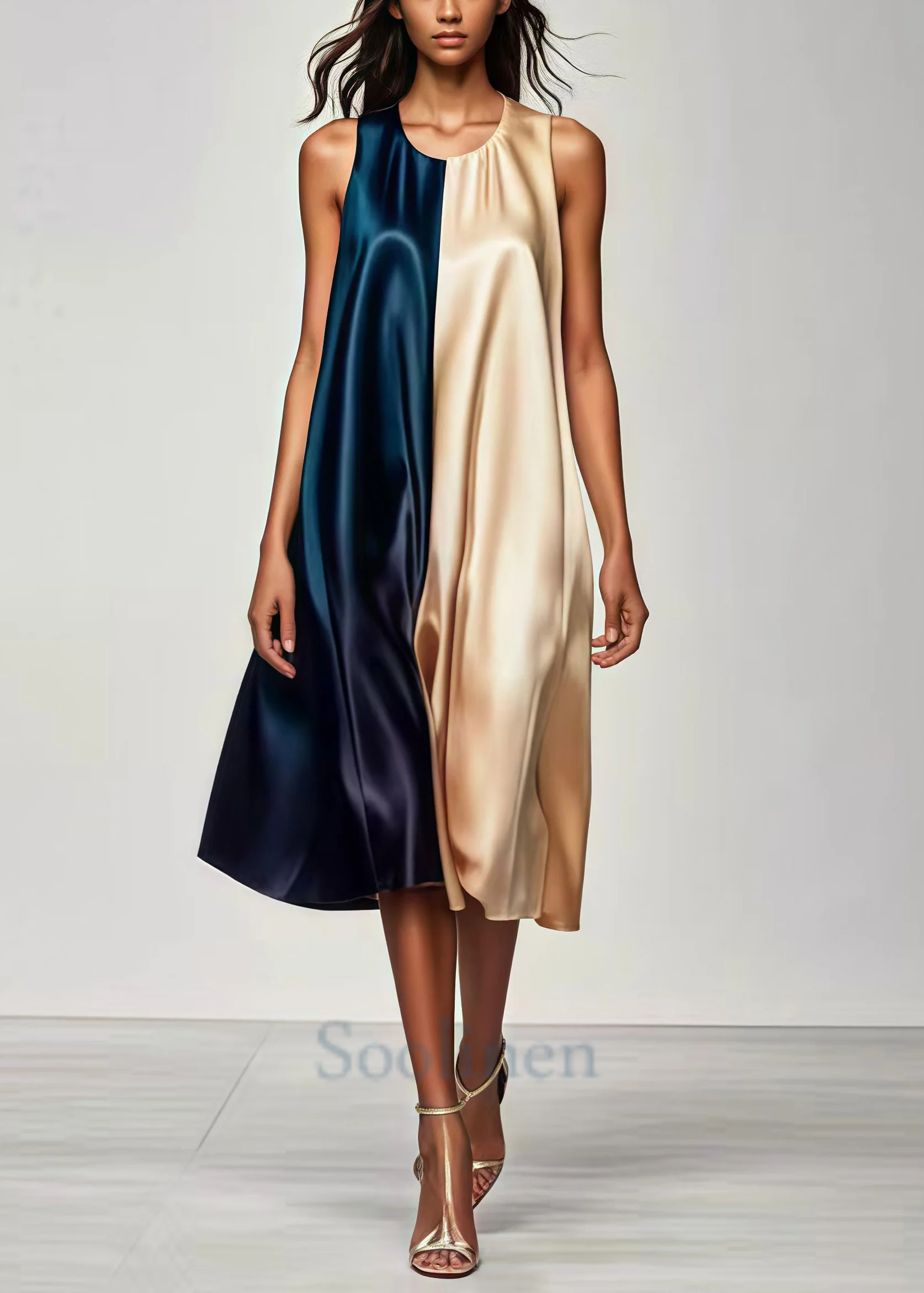 Handmade Colorblock Oversized Patchwork Silk Tea Dress Summer - Image 2