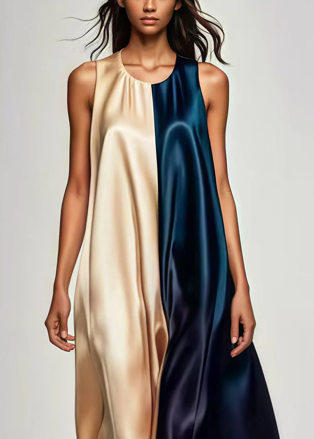 Handmade Colorblock Oversized Patchwork Silk Tea Dress Summer - Image 3