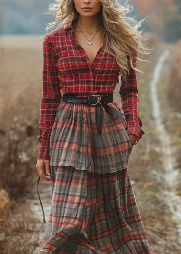 Handmade Colorblock Patchwork Cotton Dress Long Sleeve - Image 2