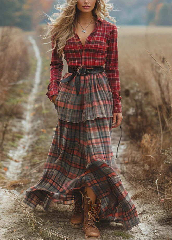 Handmade Colorblock Patchwork Cotton Dress Long Sleeve - Image 3