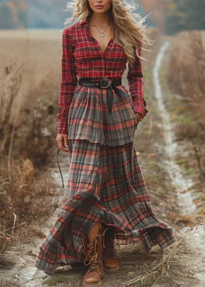 Handmade Colorblock Patchwork Cotton Dress Long Sleeve - Image 5