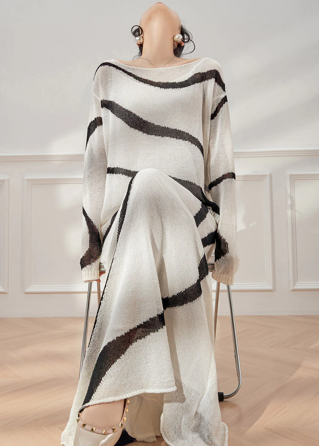 Handmade Colorblock Striped Knit Top And Maxi Skirts Two Pieces Set Spring - Image 3