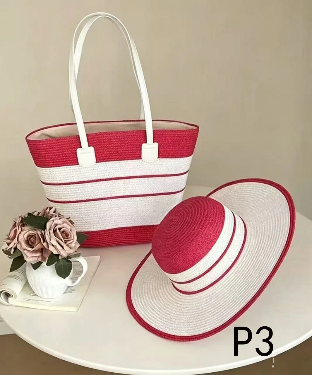 Handmade Colorblock Striped Straw Woven Floppy Sun Hat And Shoulder Handbag Two Pieces Set - Image 3