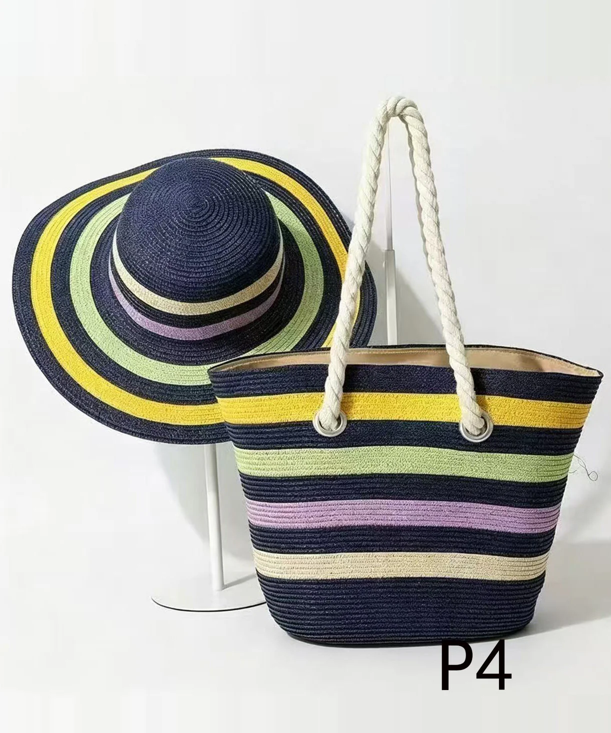 Handmade Colorblock Striped Straw Woven Floppy Sun Hat And Shoulder Handbag Two Pieces Set - Image 4