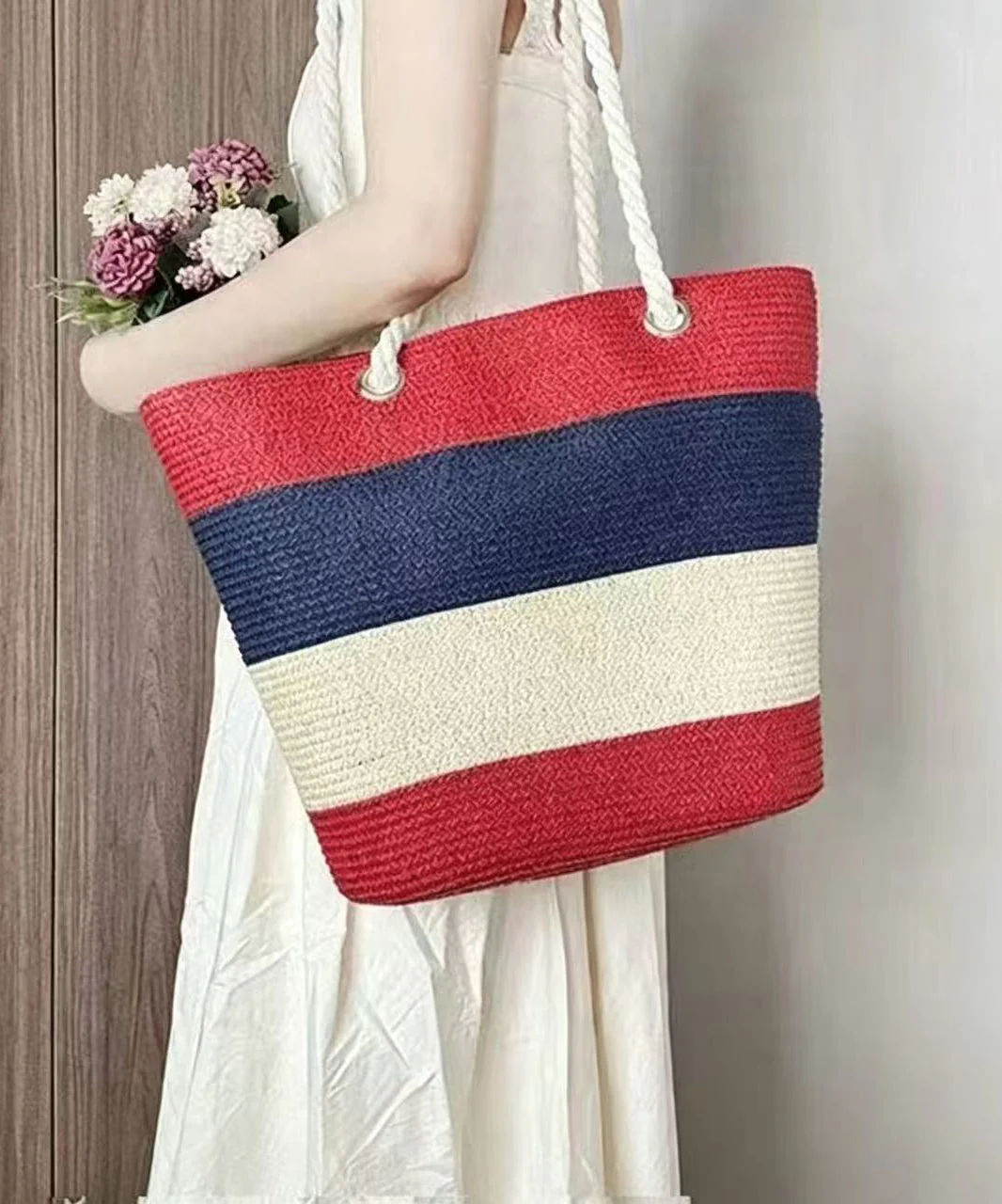 Handmade Colorblock Striped Straw Woven Floppy Sun Hat And Shoulder Handbag Two Pieces Set - Image 5