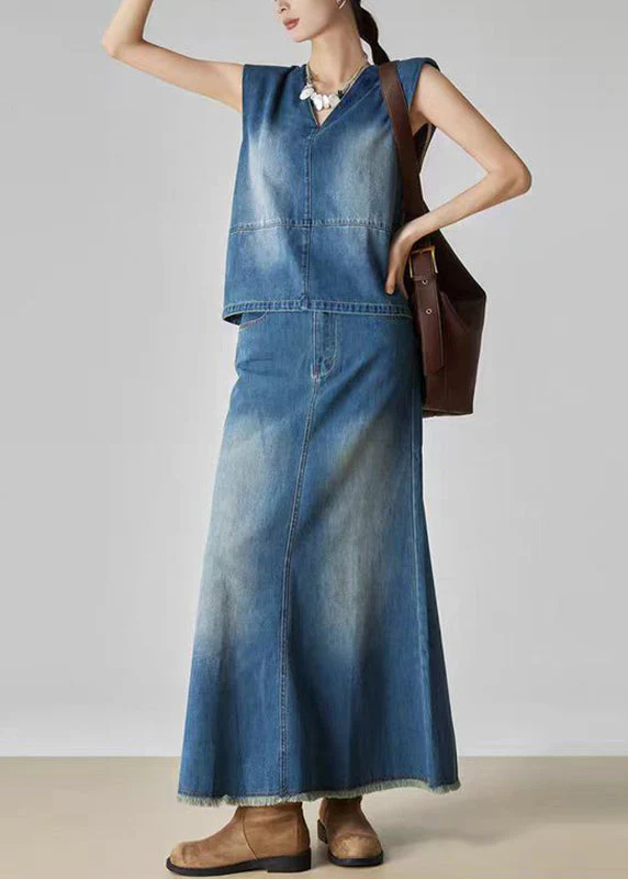 Handmade Denim Blue Patchwork Top And Jeans Two Piece Set Summer - Image 3