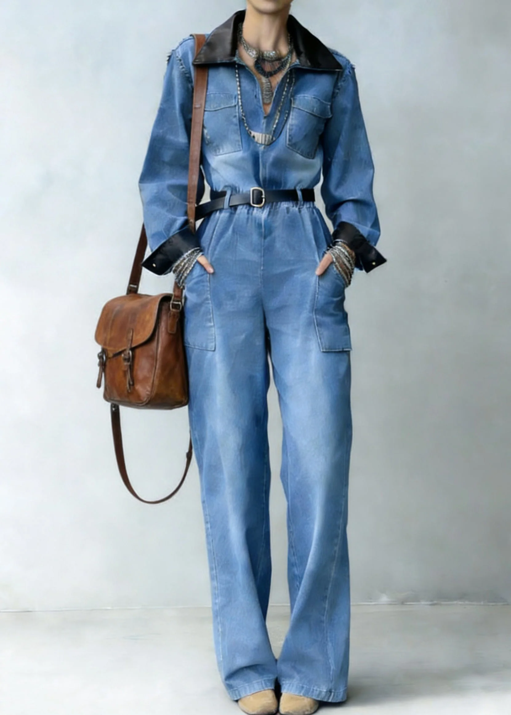 Handmade Denim Blue Peter Pan Collar Patchwork Jumpsuit Spring - Image 3
