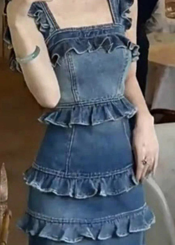 Handmade Denim Blue Ruffled Patchwork Long Spaghetti Strap Dress Summer - Image 2
