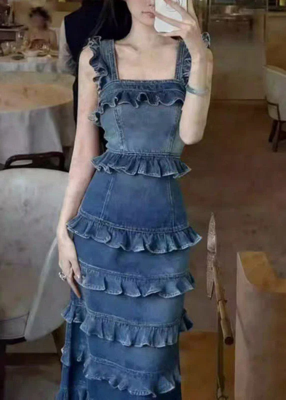 Handmade Denim Blue Ruffled Patchwork Long Spaghetti Strap Dress Summer - Image 3