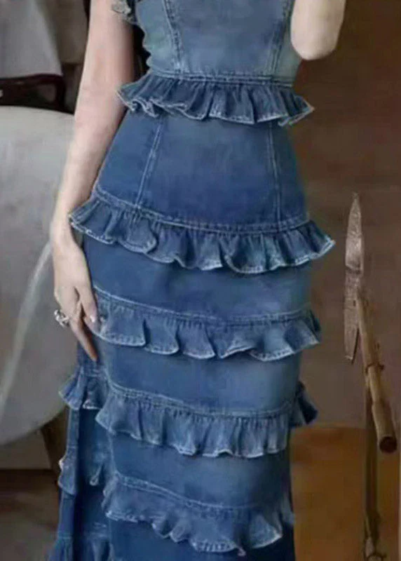 Handmade Denim Blue Ruffled Patchwork Long Spaghetti Strap Dress Summer - Image 4