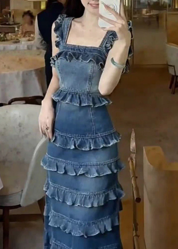 Handmade Denim Blue Ruffled Patchwork Long Spaghetti Strap Dress Summer - Image 5