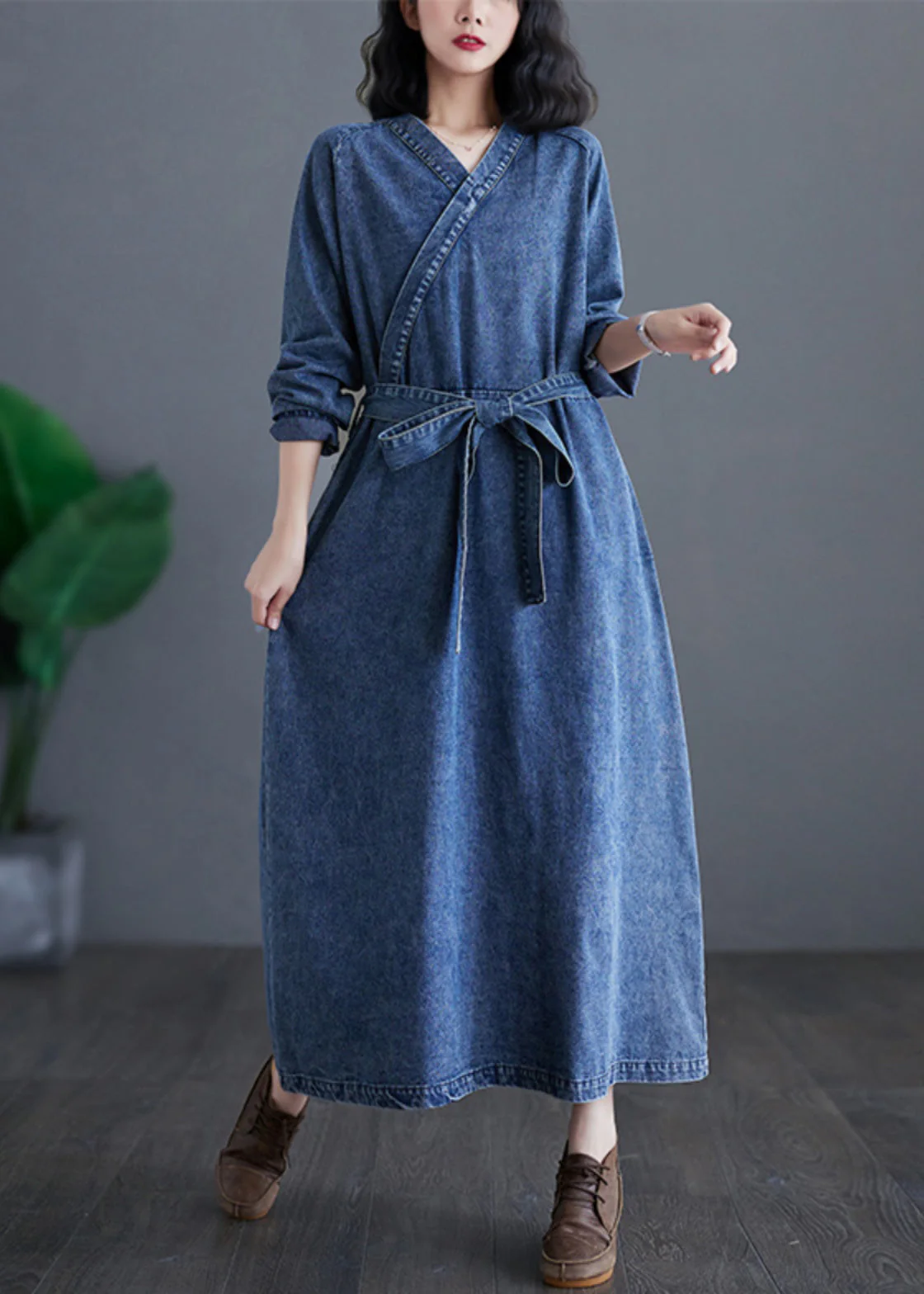 Handmade Denim Blue V Neck Patchwork Tie Waist Party Long Dress Long Sleeve - Image 2