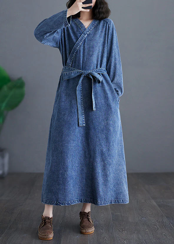 Handmade Denim Blue V Neck Patchwork Tie Waist Party Long Dress Long Sleeve - Image 3