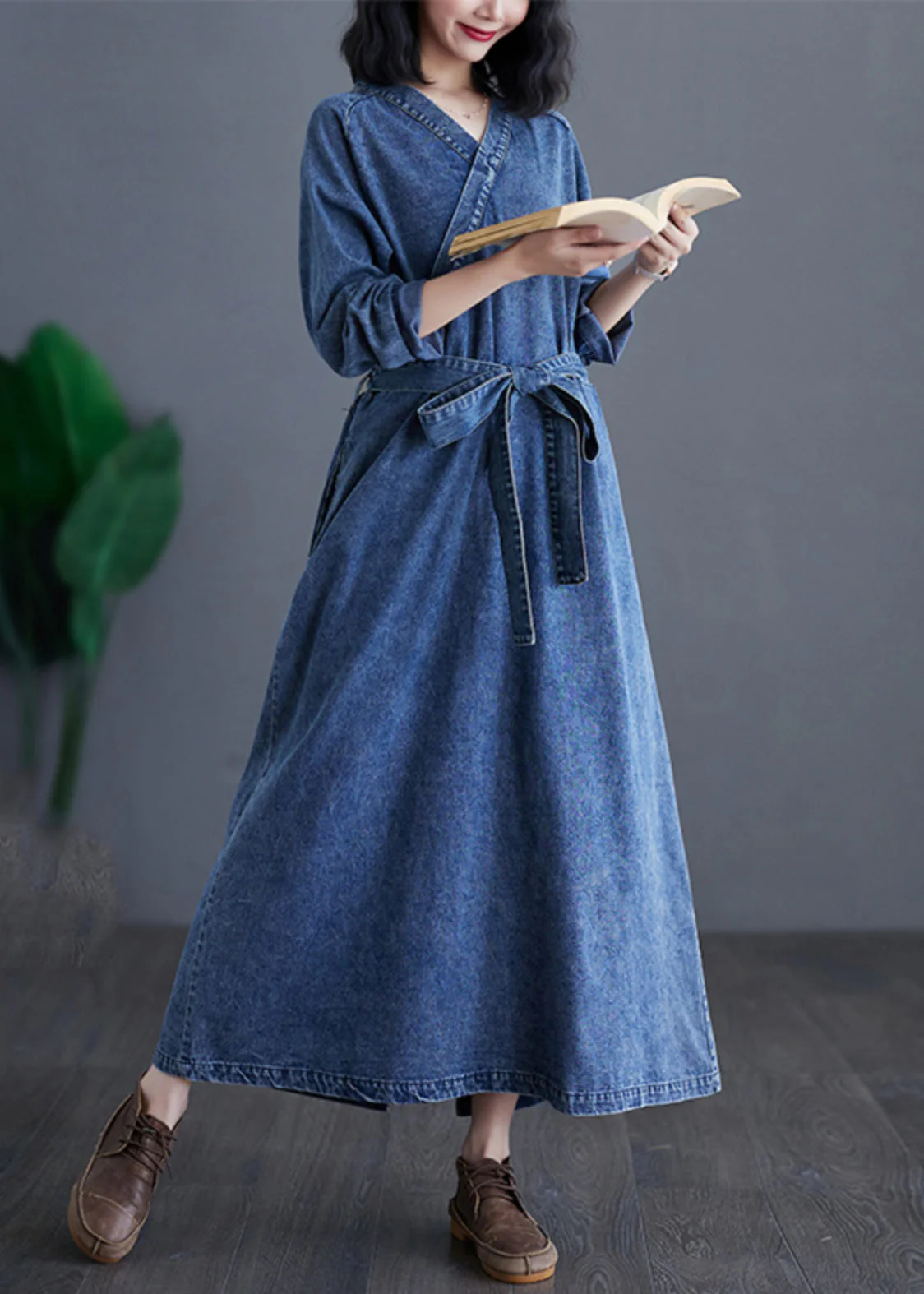 Handmade Denim Blue V Neck Patchwork Tie Waist Party Long Dress Long Sleeve - Image 4