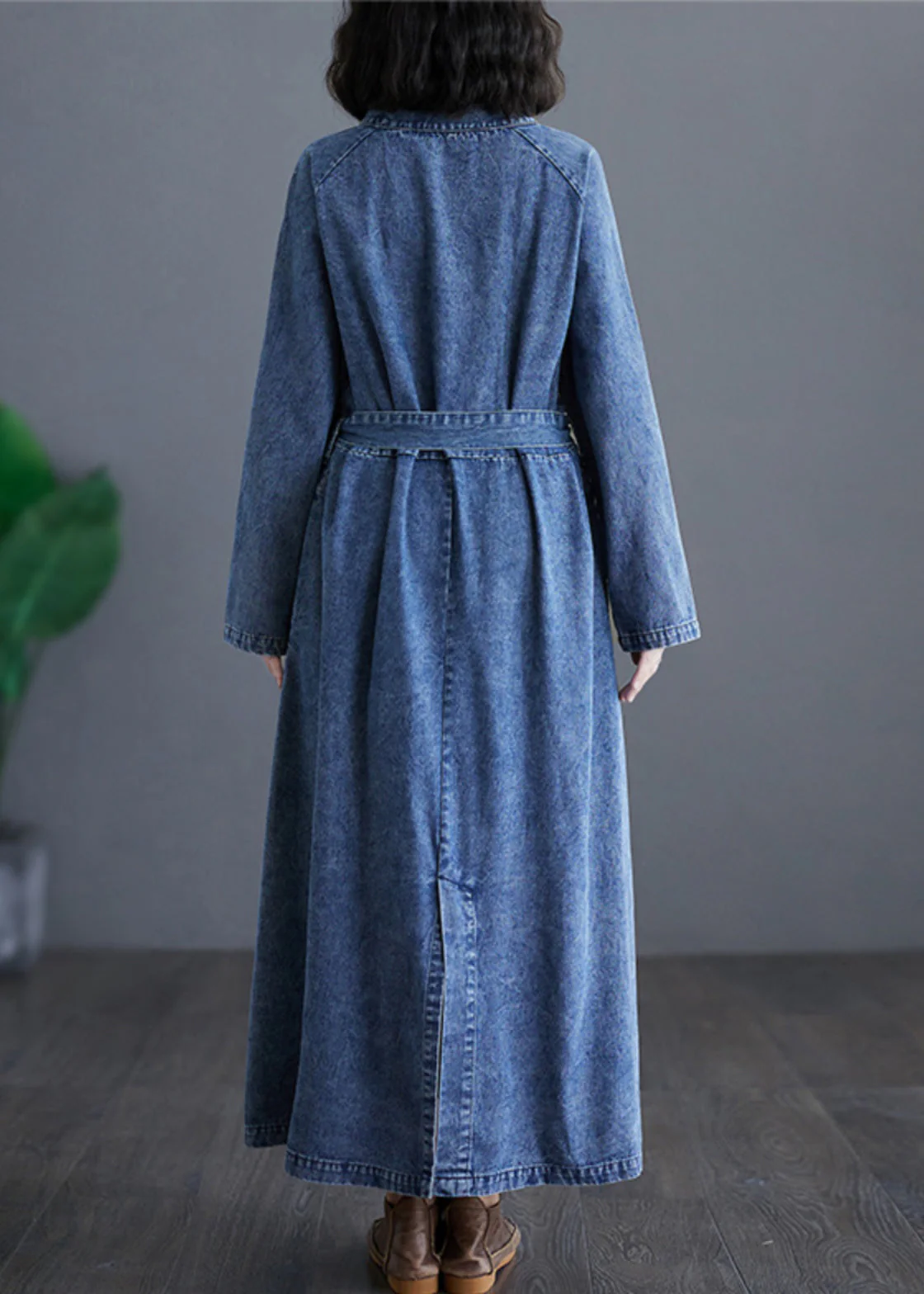Handmade Denim Blue V Neck Patchwork Tie Waist Party Long Dress Long Sleeve - Image 5