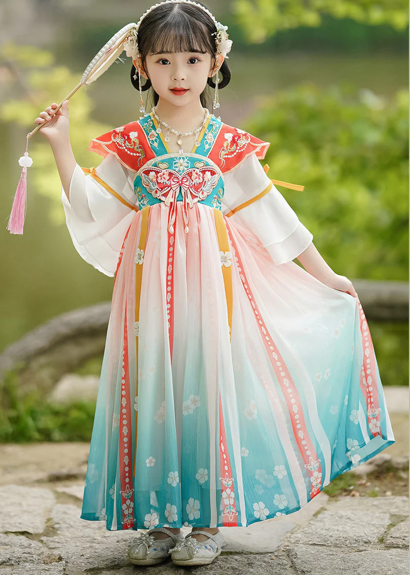 Handmade Embroideried Floral Wrinkled Bow Girls Maxi Dresses Half Sleeve - Image 3