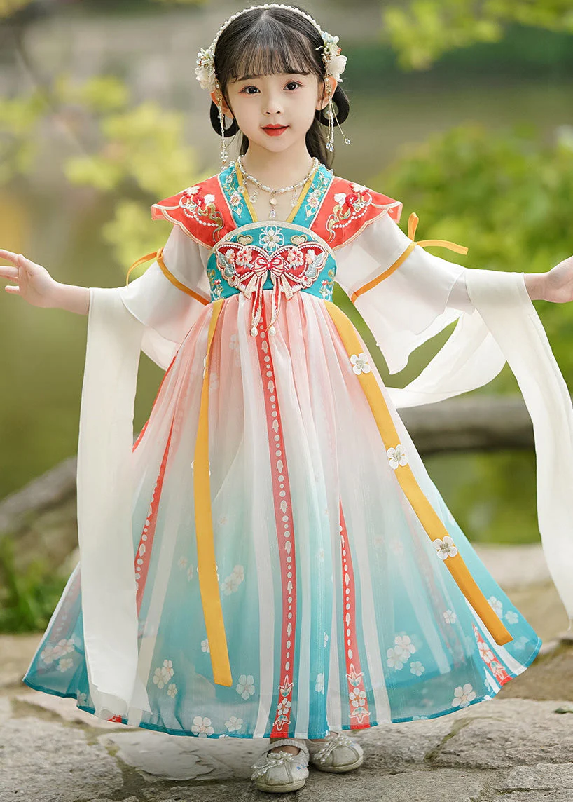 Handmade Embroideried Floral Wrinkled Bow Girls Maxi Dresses Half Sleeve - Image 4