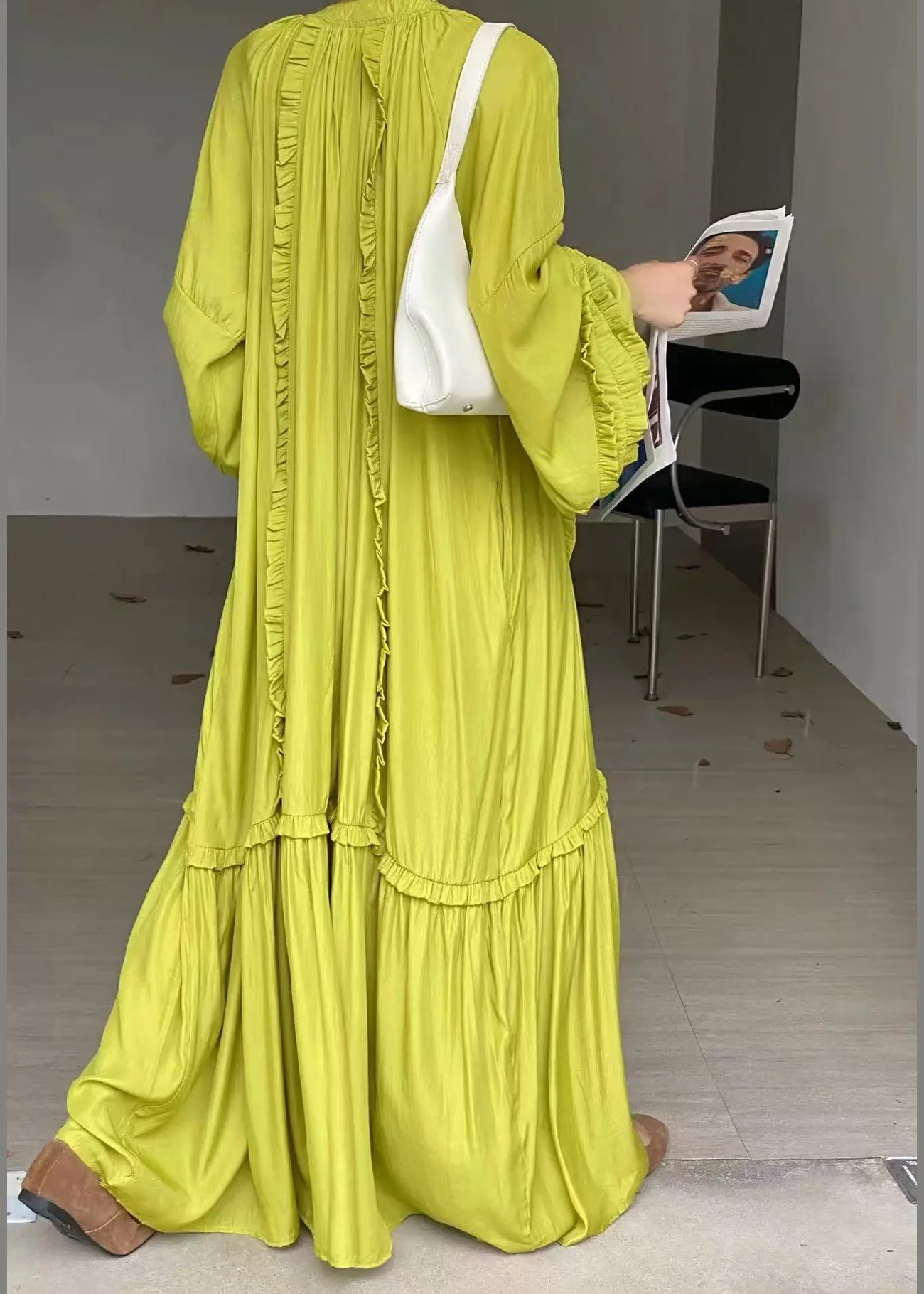Handmade Fluorescent Green Ruffled Oversized Cotton Vacation Dresses Fall - Image 4