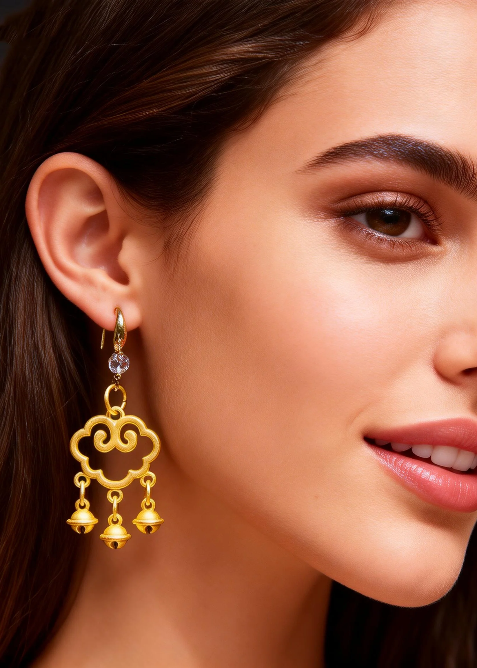 Handmade Golden Auspicious Clouds Small Bell Drop Earrings - Image 4