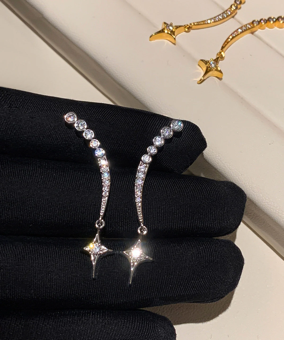 Handmade Golden Star Tasseled Zircon Drop Earrings - Image 5