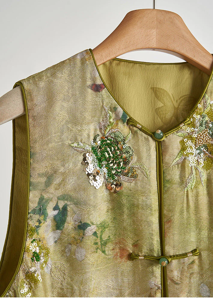 Handmade Grass Green Sequins Embroidered Silk Vests Fall - Image 3