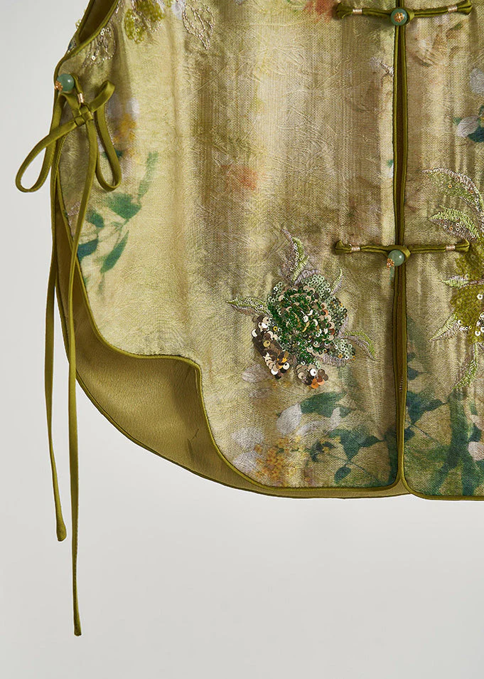 Handmade Grass Green Sequins Embroidered Silk Vests Fall - Image 5