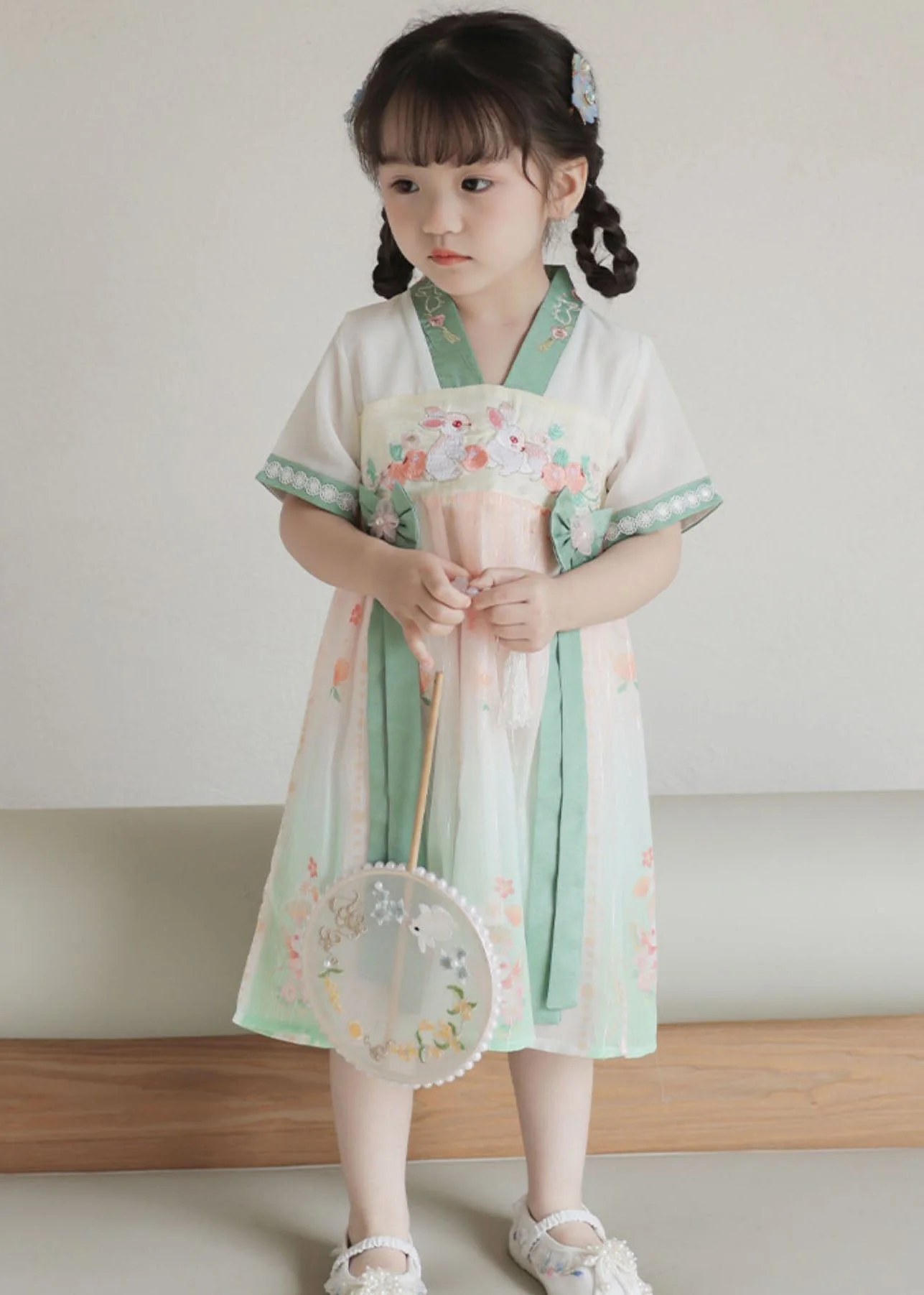 Handmade Green Embroideried Patchwork Chiffon Baby Girls Dresses Summer - Image 3