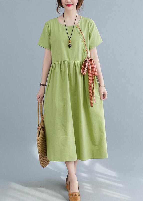 Handmade Green Loose Cotton Linen Summer Party Dress - Image 2