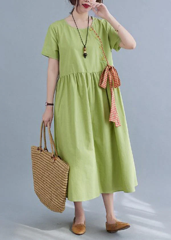 Handmade Green Loose Cotton Linen Summer Party Dress - Image 3