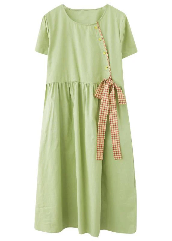 Handmade Green Loose Cotton Linen Summer Party Dress - Image 4