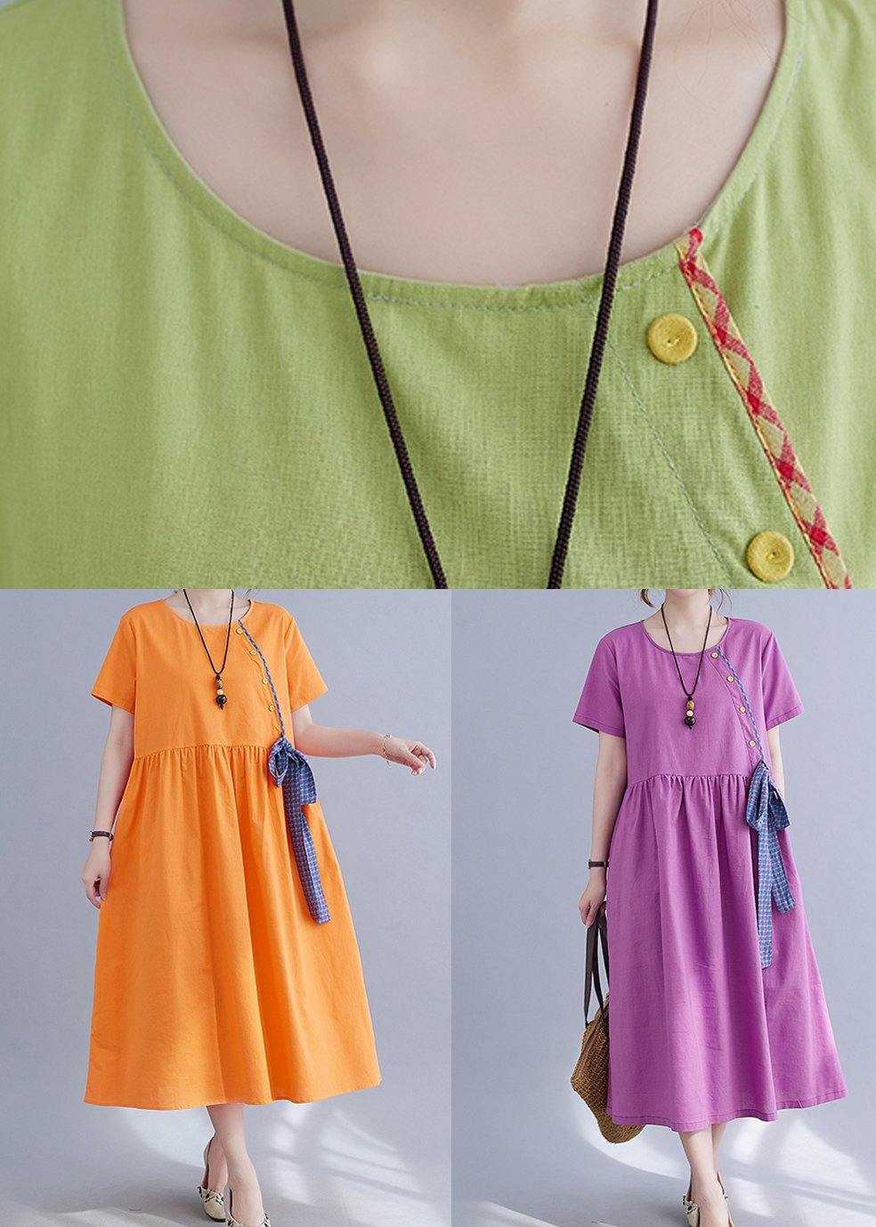 Handmade Green Loose Cotton Linen Summer Party Dress - Image 5