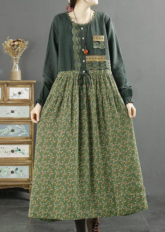 Handmade Green O Neck Lace Print Patchwork Cotton Dresses Spring - Image 2