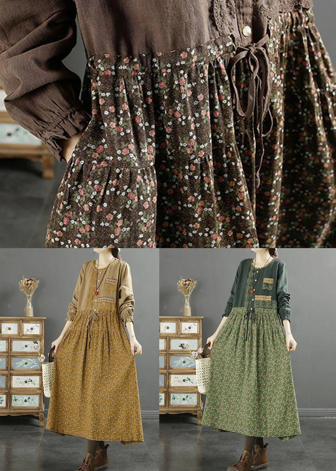 Handmade Green O Neck Lace Print Patchwork Cotton Dresses Spring - Image 5