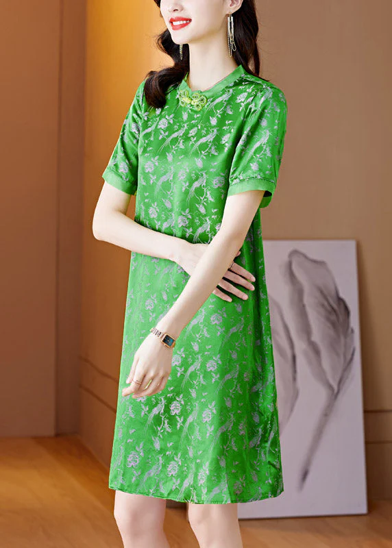 Handmade Green O-Neck Print Button Silk Mid Dress Short Sleeve - Image 2
