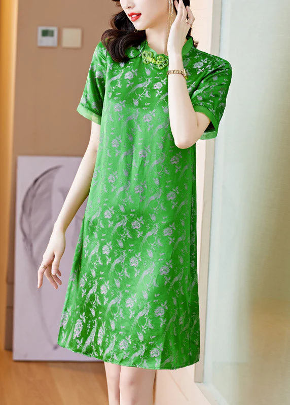 Handmade Green O-Neck Print Button Silk Mid Dress Short Sleeve - Image 3