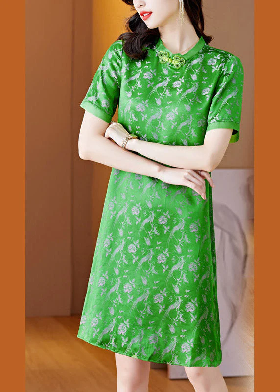 Handmade Green O-Neck Print Button Silk Mid Dress Short Sleeve - Image 4