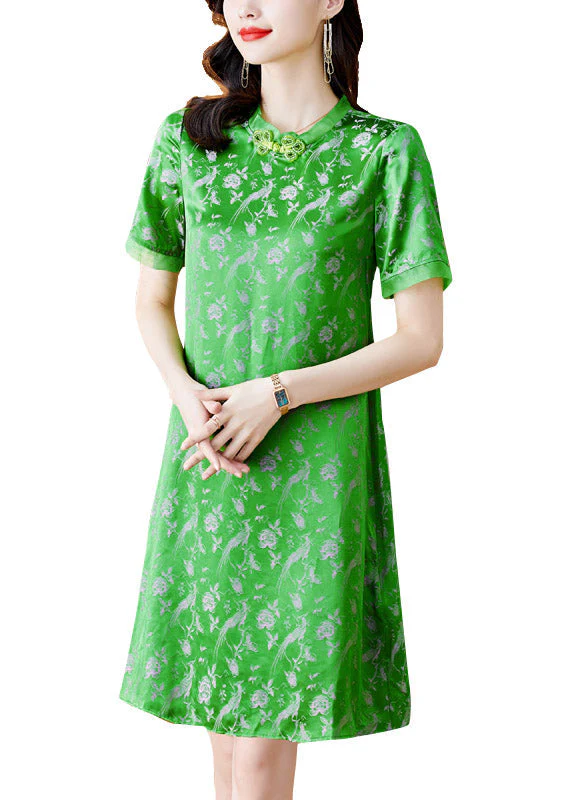 Handmade Green O-Neck Print Button Silk Mid Dress Short Sleeve - Image 5