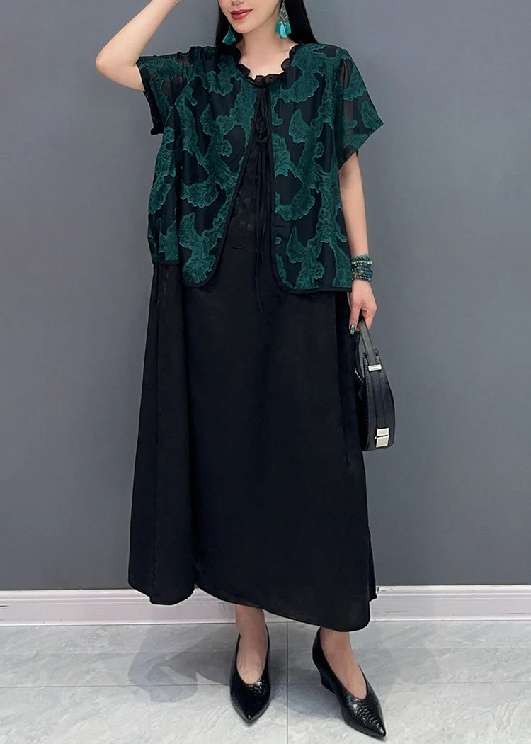 Handmade Green O-Neck Print Fake Two Pieces Long Dress Summer - Image 2