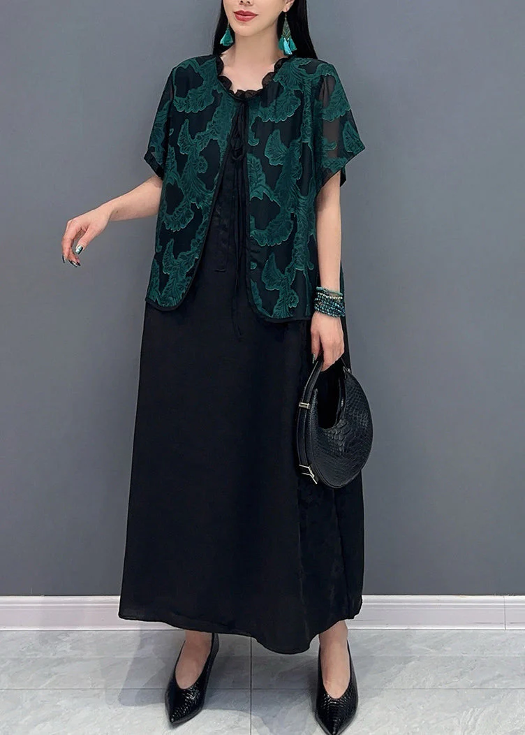 Handmade Green O-Neck Print Fake Two Pieces Long Dress Summer - Image 3