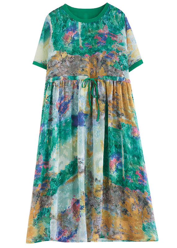 Handmade Green O-Neck Print Patchwork Drawstring Maxi Dress Short Sleeve - Image 5