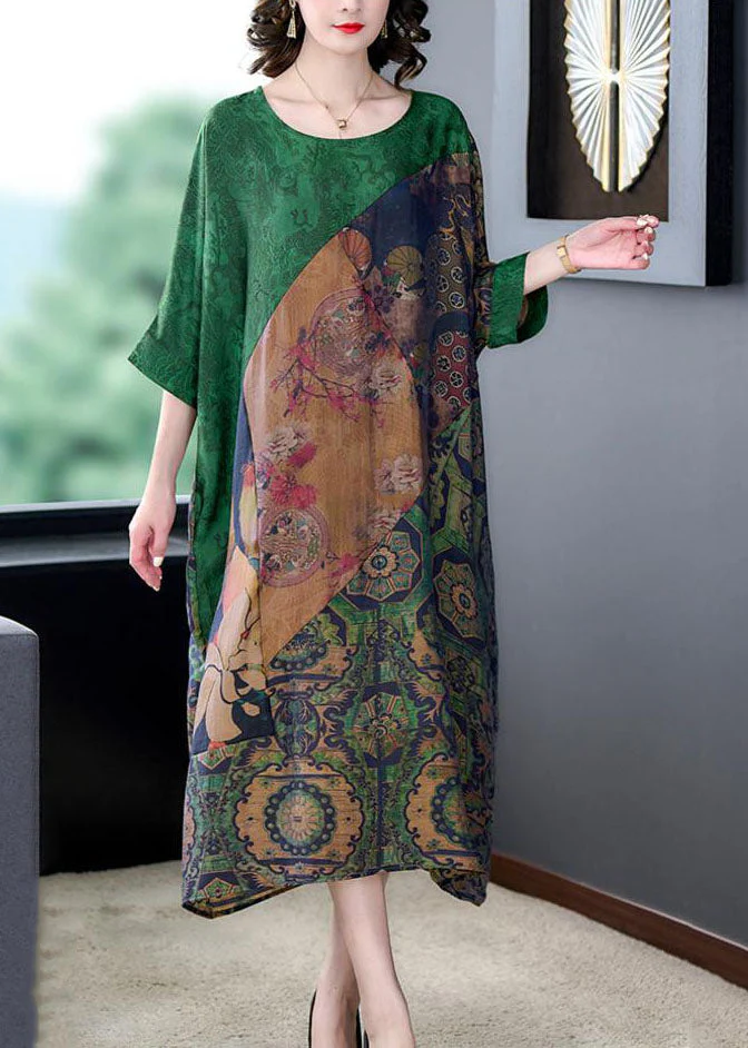 Handmade Green O Neck Print Patchwork Silk Long Dress Summer - Image 3