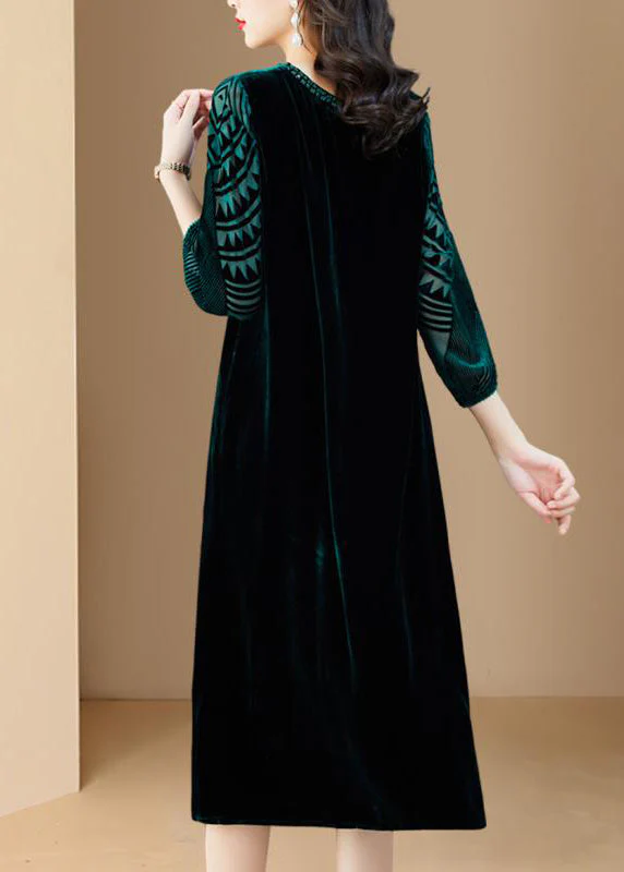 Handmade Green O-Neck Print Silk Velour Maxi Dresses Long Sleeve - Image 5