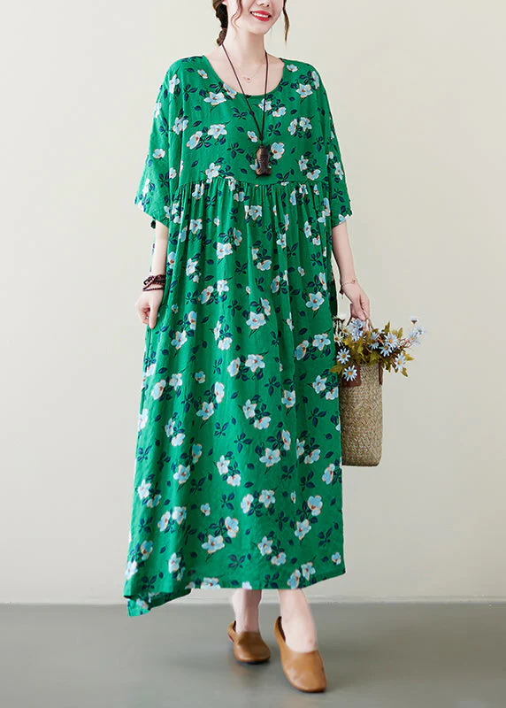 Handmade Green O-Neck Print Wrinkled Long Dress Summer - Image 2