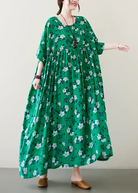 Handmade Green O-Neck Print Wrinkled Long Dress Summer - Image 3