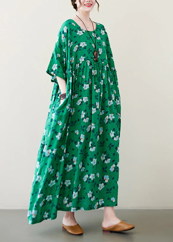 Handmade Green O-Neck Print Wrinkled Long Dress Summer - Image 4