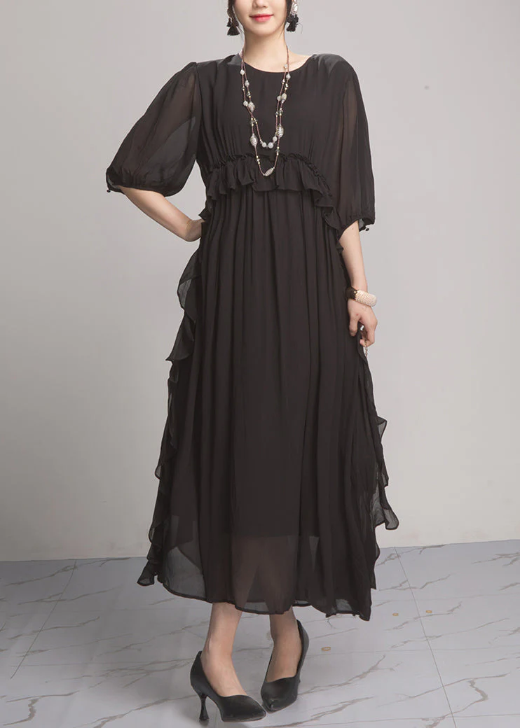Handmade Green O-Neck Ruffled Wrinkled Vacation Chiffon Maxi Dresses Lantern Sleeve - Image 2