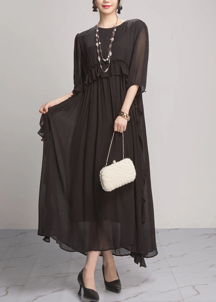 Handmade Green O-Neck Ruffled Wrinkled Vacation Chiffon Maxi Dresses Lantern Sleeve - Image 4